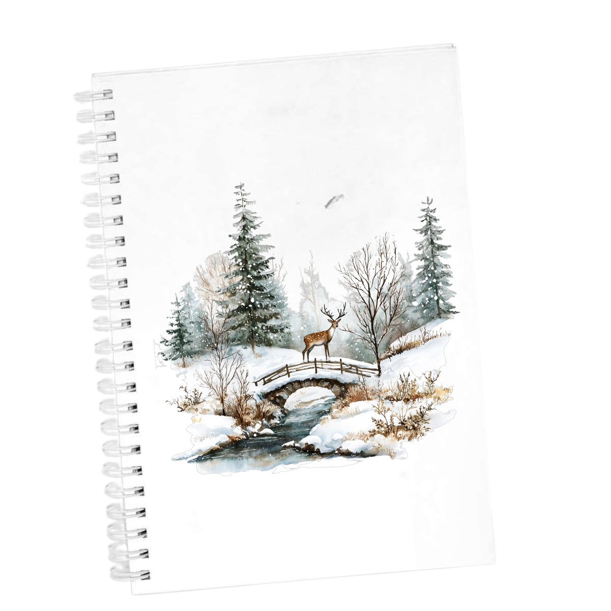 Deer On Stone Bridge UV DTF sticker applied to a white journal