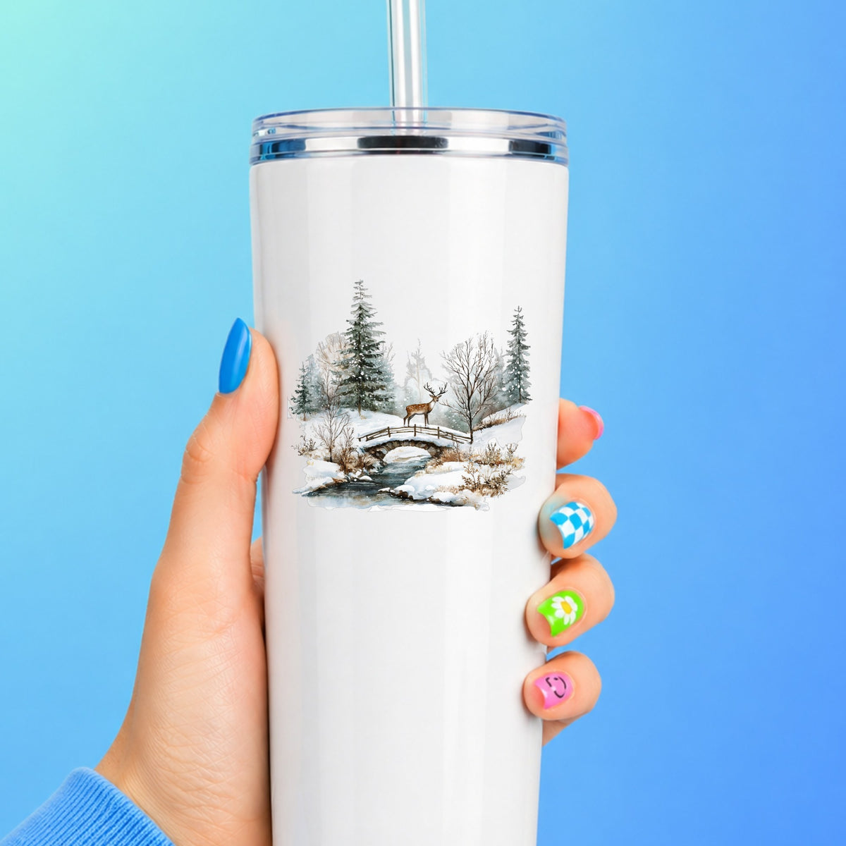 Deer On Stone Bridge UV DTF sticker applied to a white tumbler