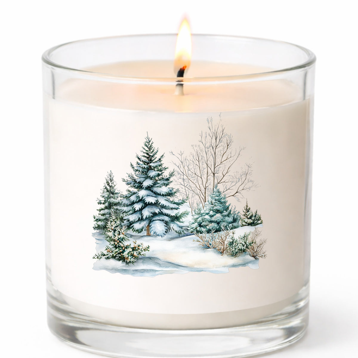 Snow Covered Spruce Trees UV DTF sticker applied to a candle jar