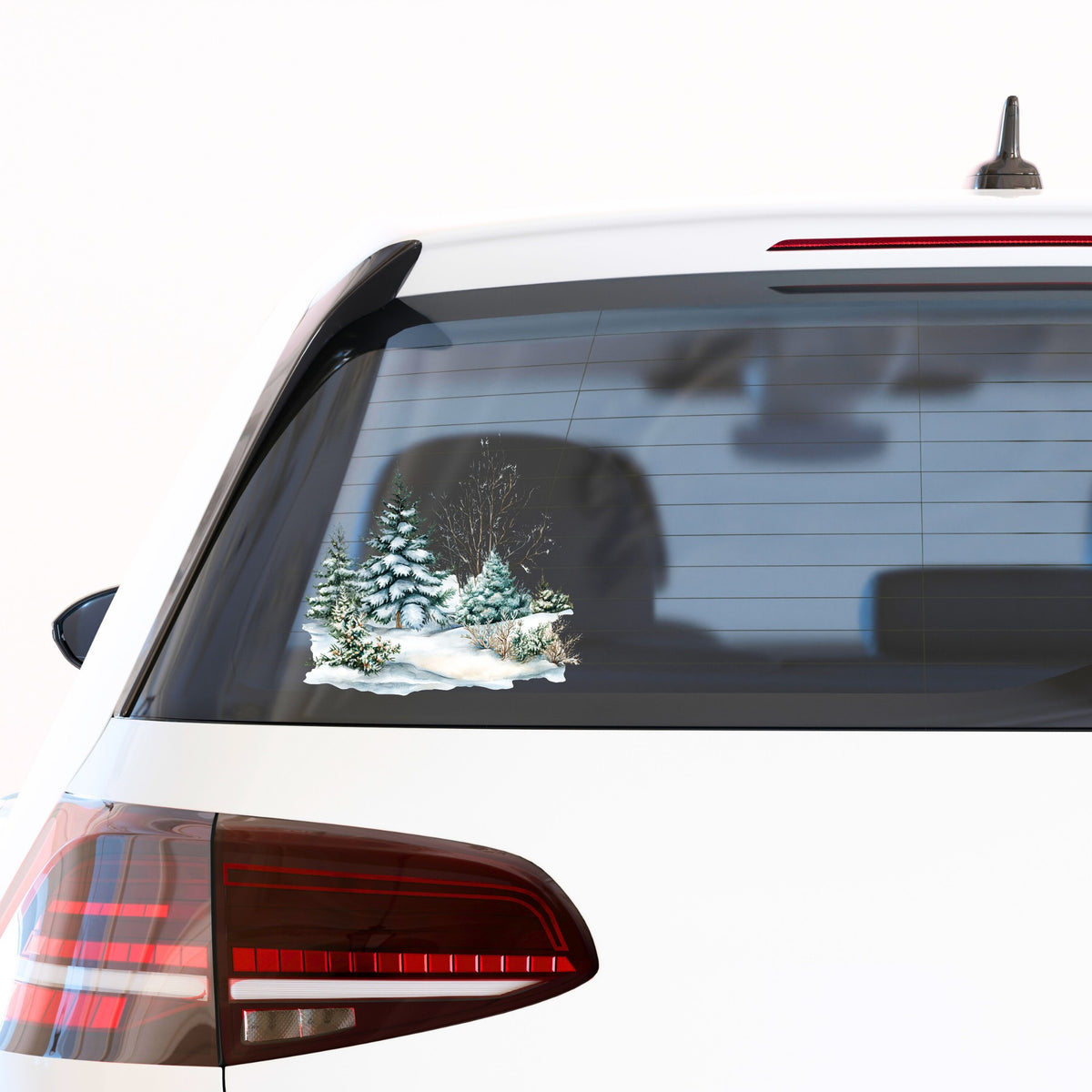Snow Covered Spruce Trees UV DTF sticker applied to a car window