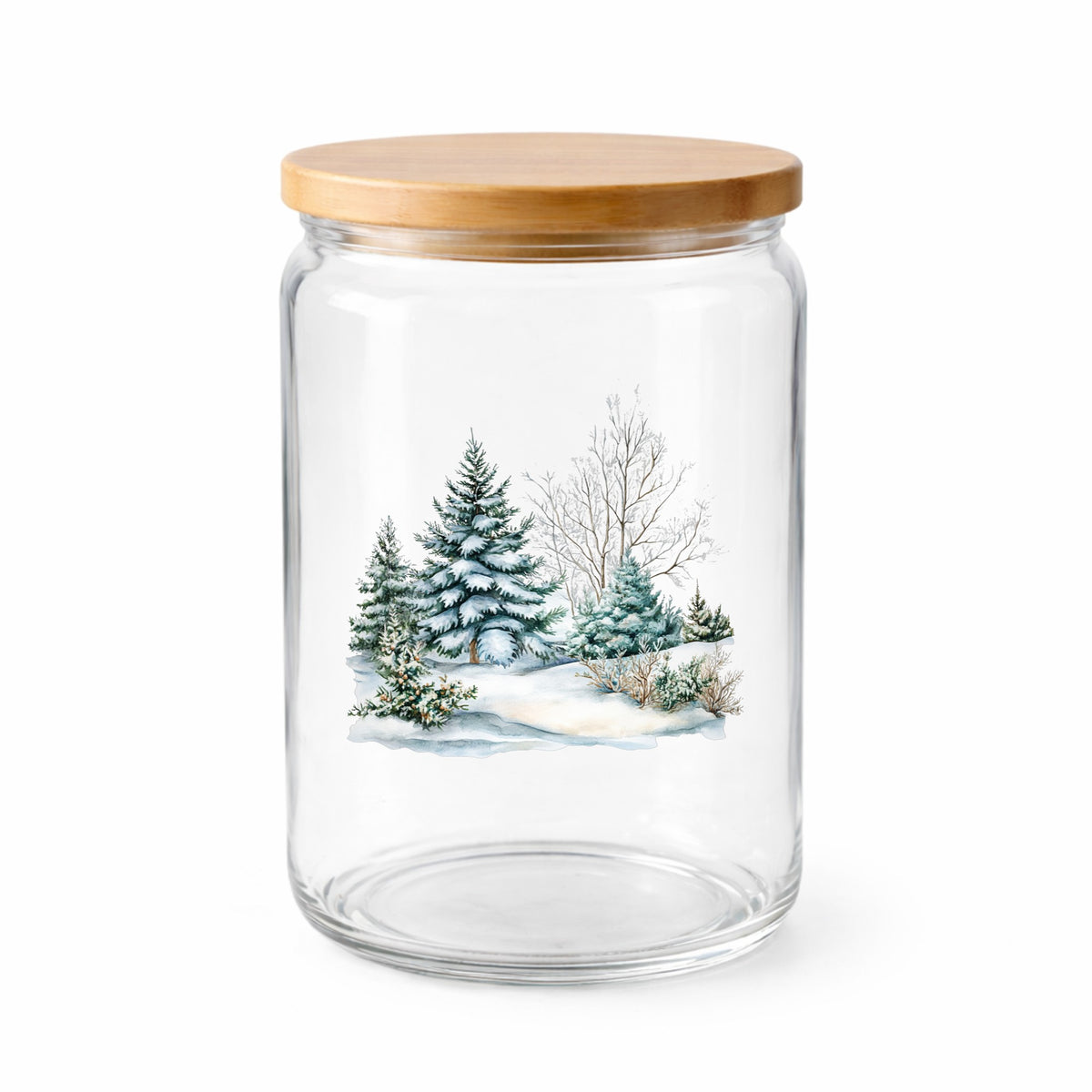 Snow Covered Spruce Trees UV DTF sticker applied to a clear glass jar with lid