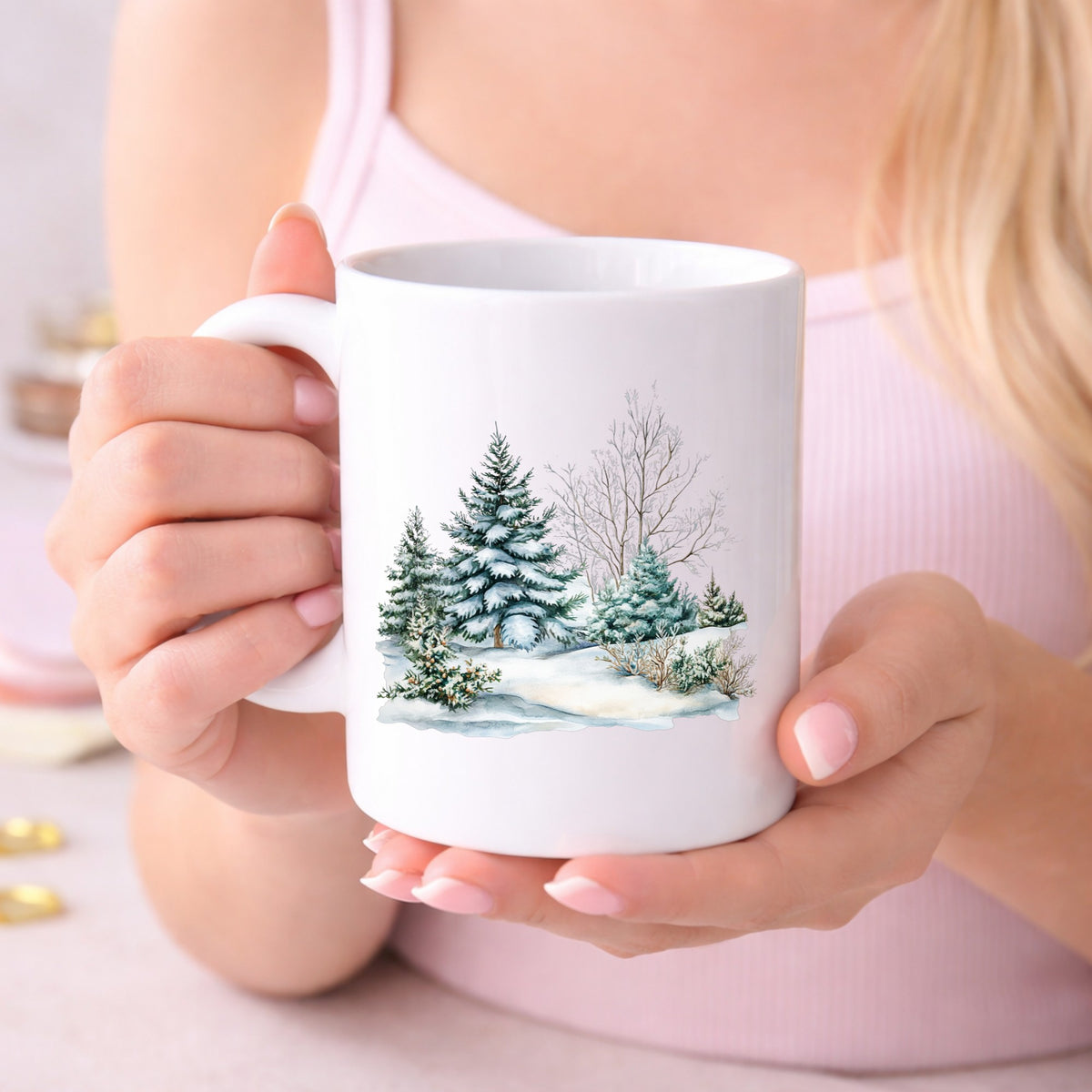 Snow Covered Spruce Trees UV DTF sticker displayed on a white coffee mug