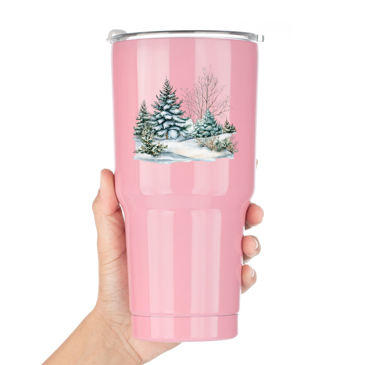 Snow Covered Spruce Trees UV DTF sticker applied to a pink tumbler