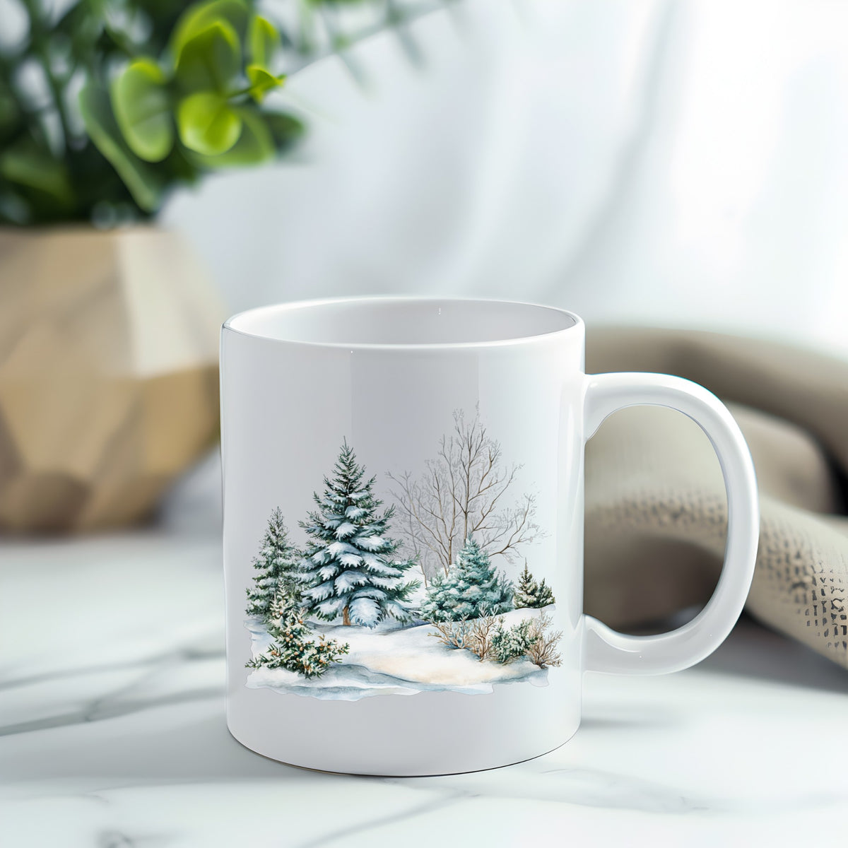 Snow Covered Spruce Trees UV DTF sticker applied to a white coffee mug
