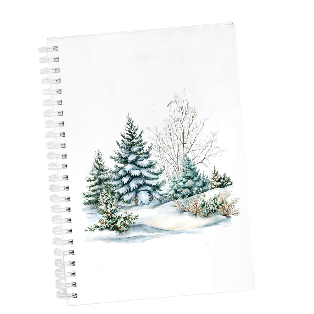 Snow Covered Spruce Trees UV DTF sticker applied to a white journal