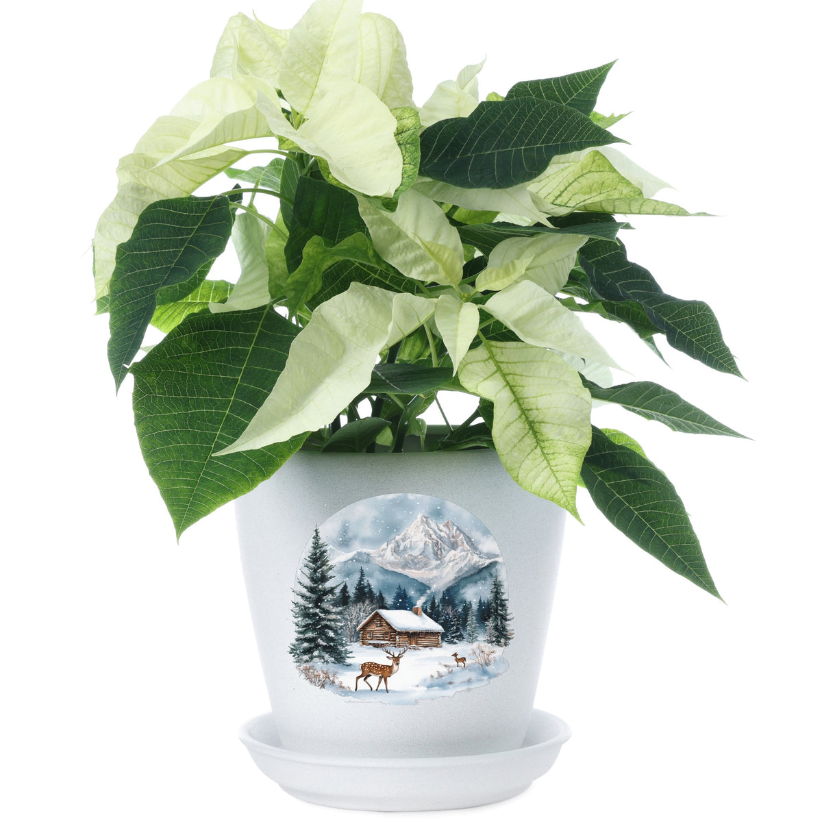 Log Cabin And Deer UV DTF sticker applied to a plant pot
