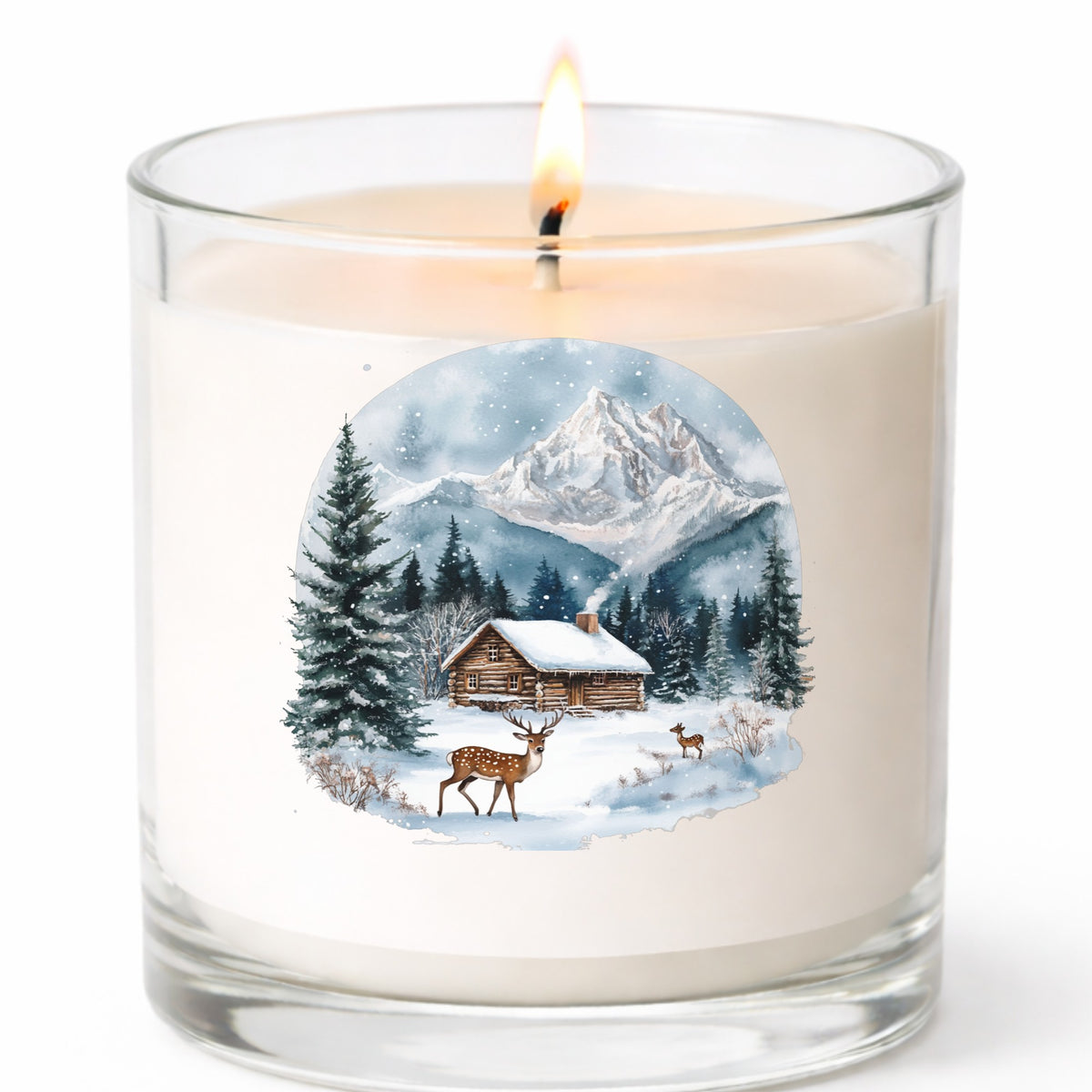 Log Cabin And Deer UV DTF sticker applied to a candle jar