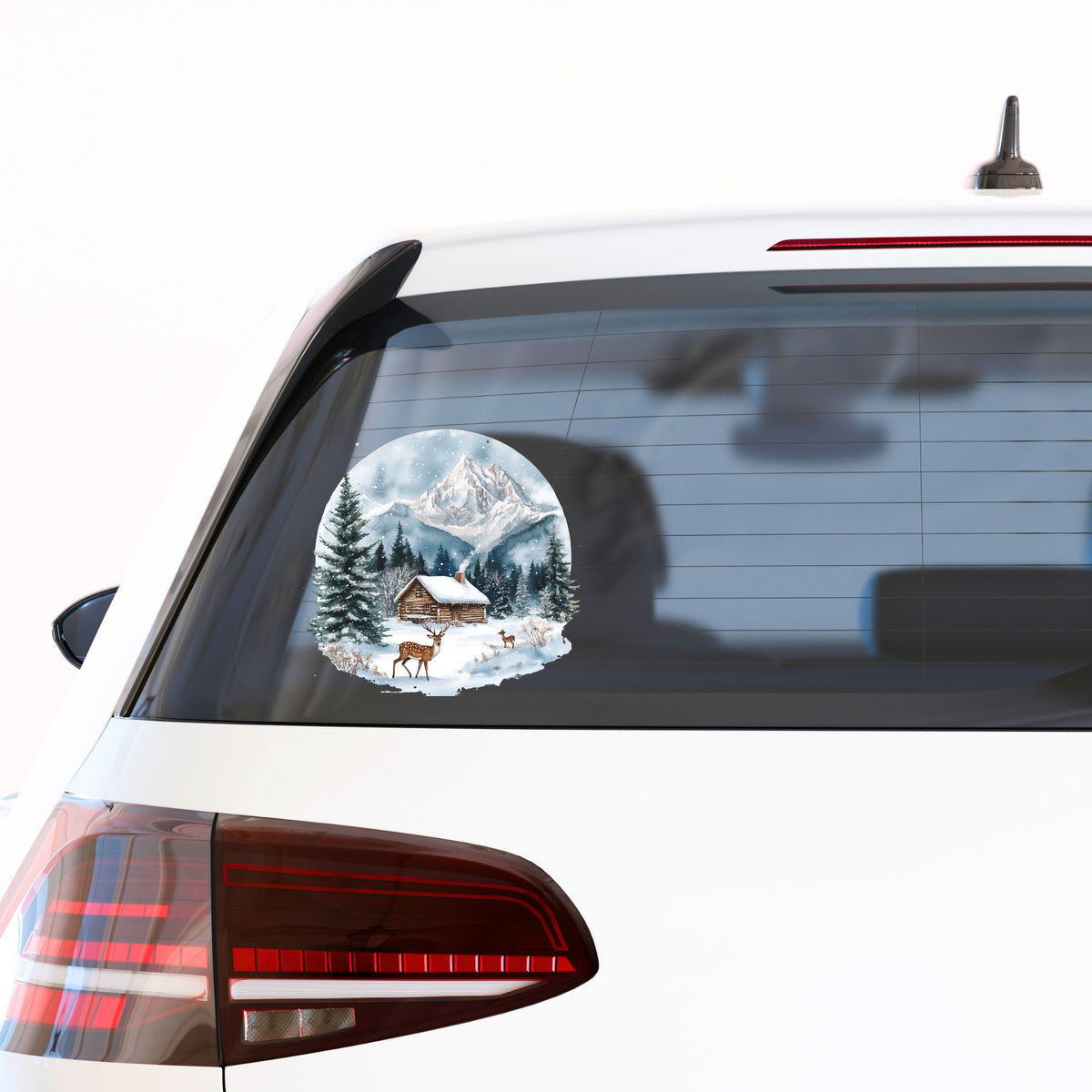 Log Cabin And Deer UV DTF sticker applied to a car window
