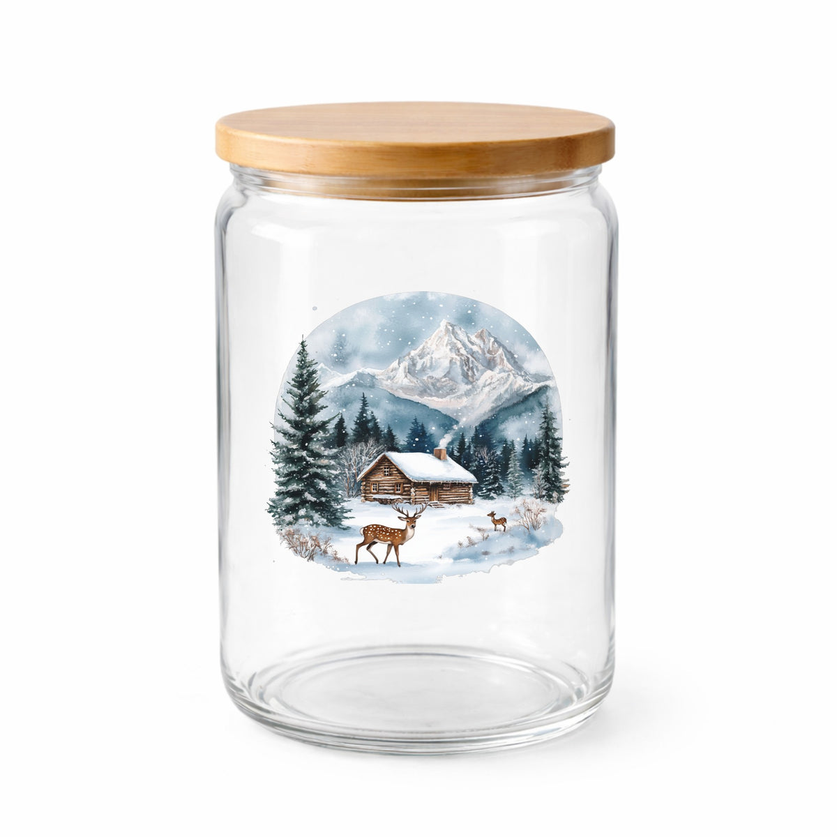 Log Cabin And Deer UV DTF sticker applied to a clear glass jar with lid