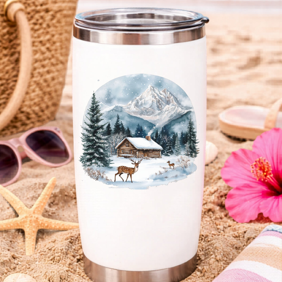 Log Cabin And Deer UV DTF sticker applied to a water bottle at the beach