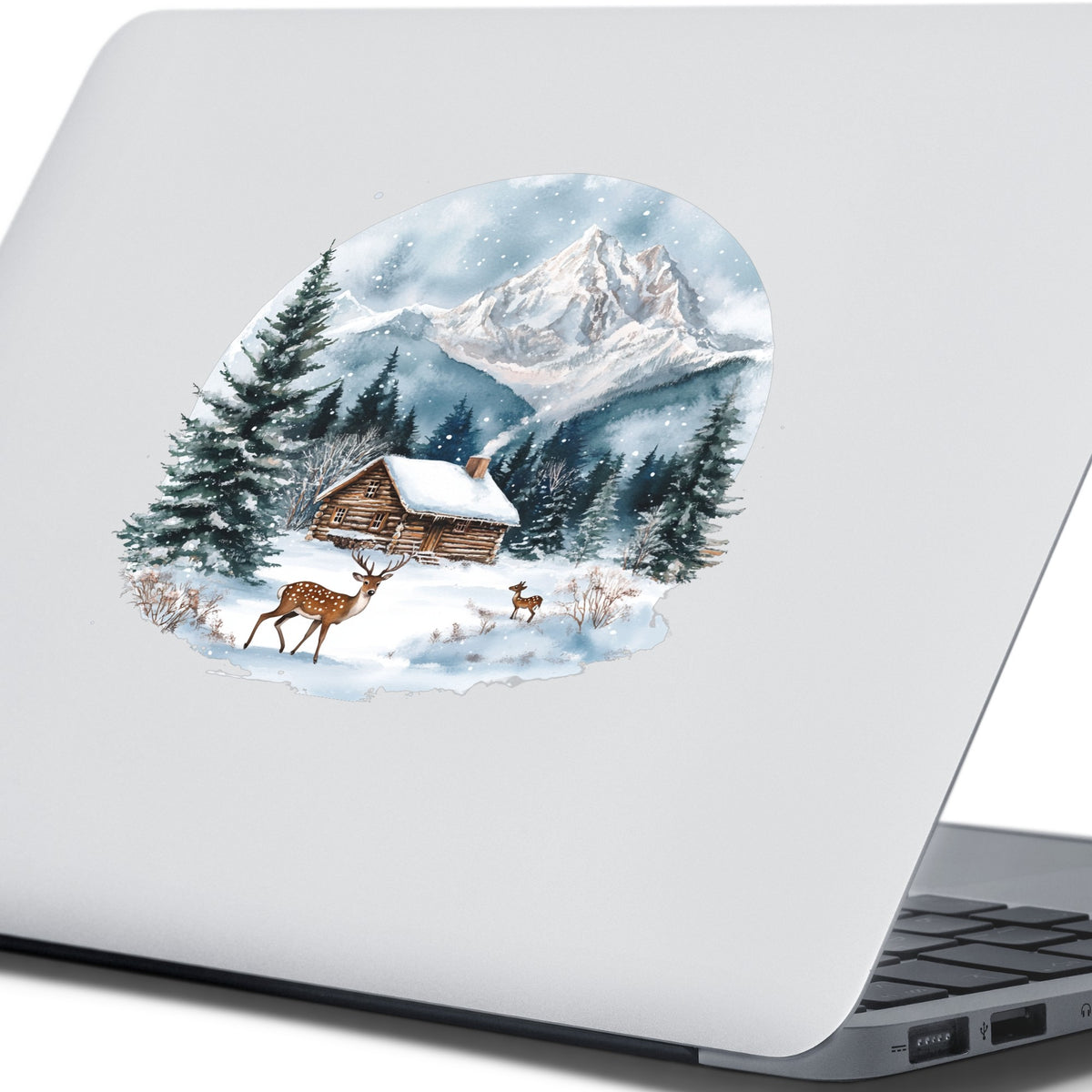 Log Cabin And Deer UV DTF sticker applied to a laptop