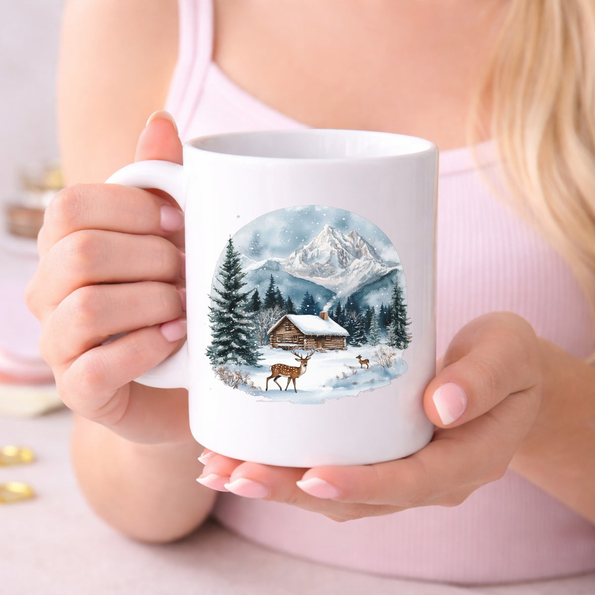 Log Cabin And Deer UV DTF sticker displayed on a white coffee mug
