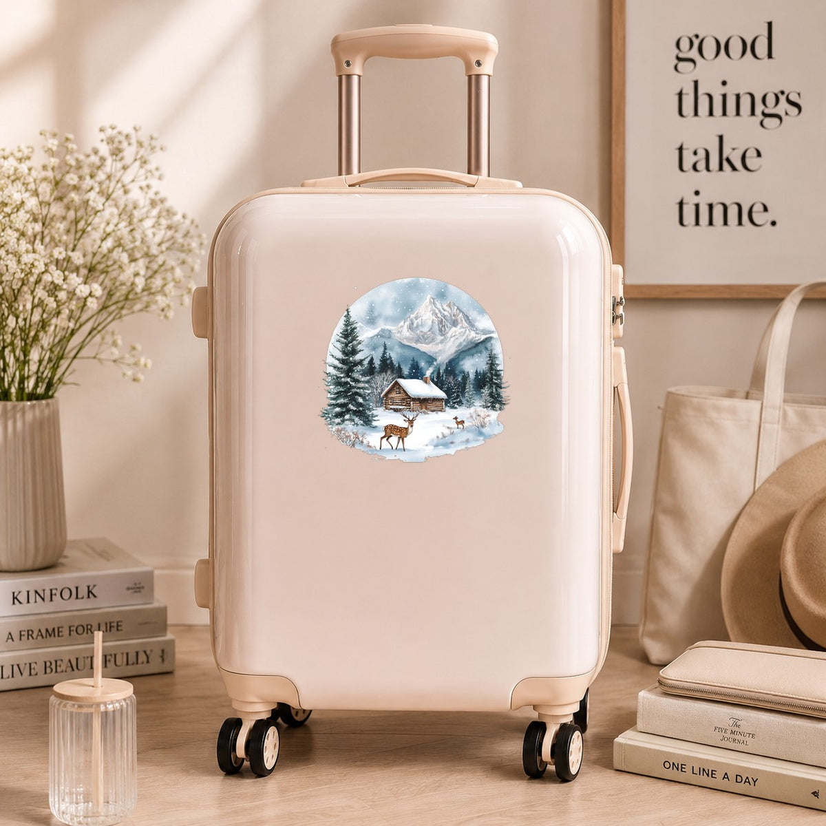Log Cabin And Deer UV DTF sticker applied to a neutral suitcase