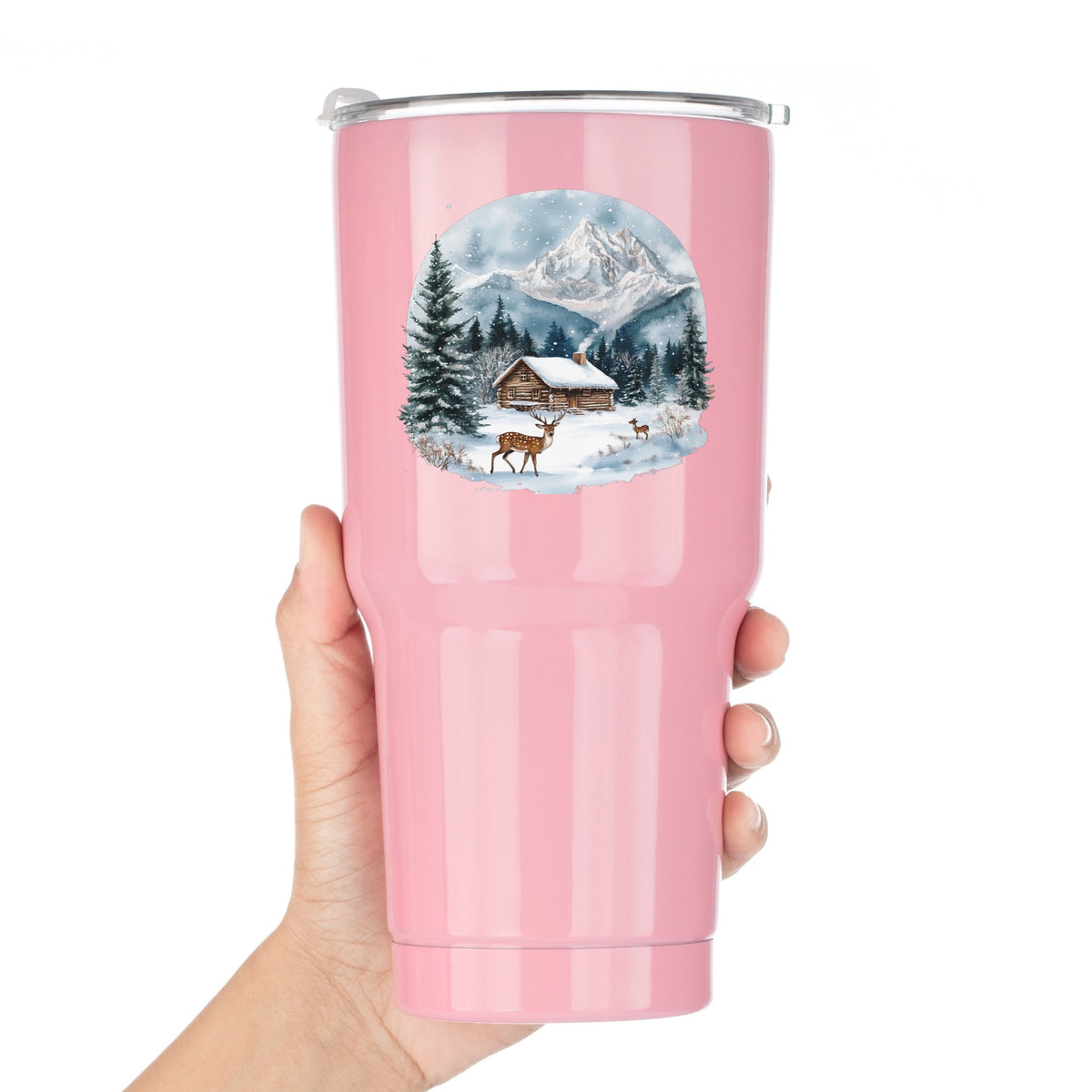 Log Cabin And Deer UV DTF sticker applied to a pink tumbler