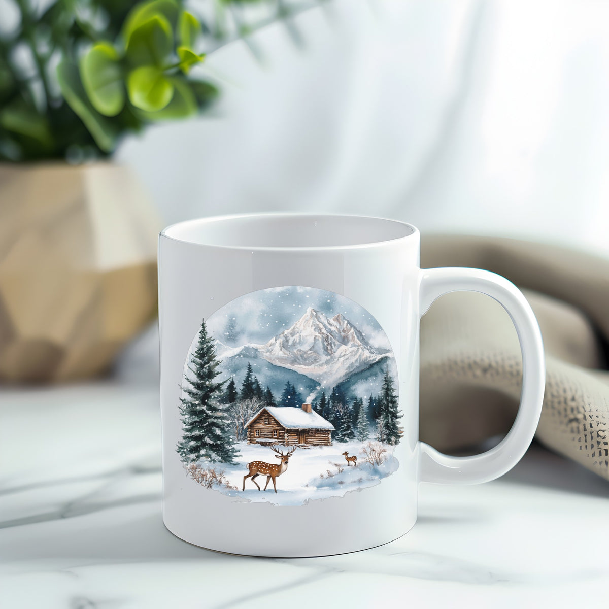 Log Cabin And Deer UV DTF sticker applied to a white coffee mug