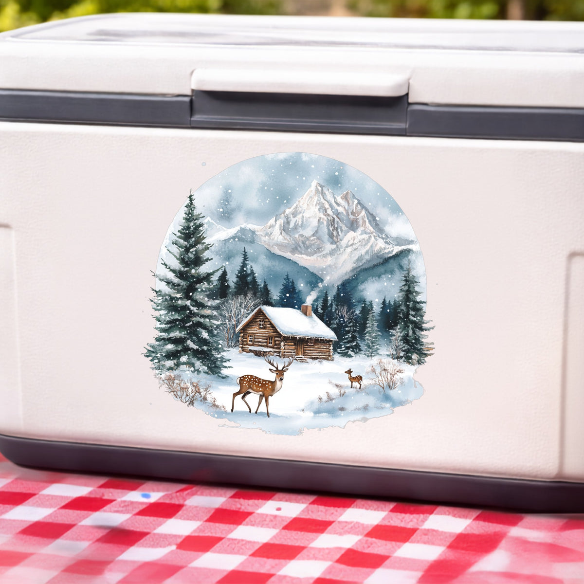 Log Cabin And Deer UV DTF sticker applied to a white cooler