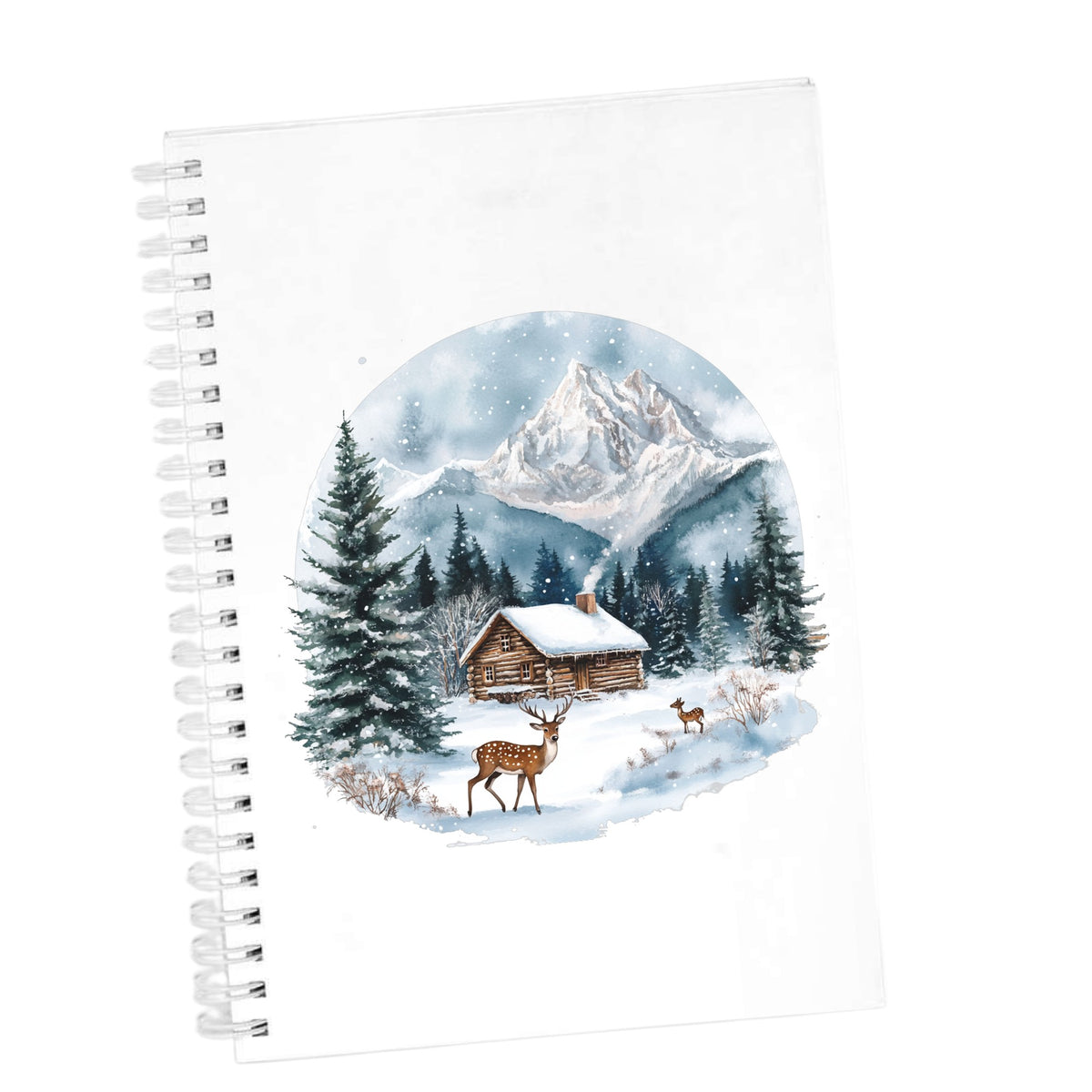 Log Cabin And Deer UV DTF sticker applied to a white journal