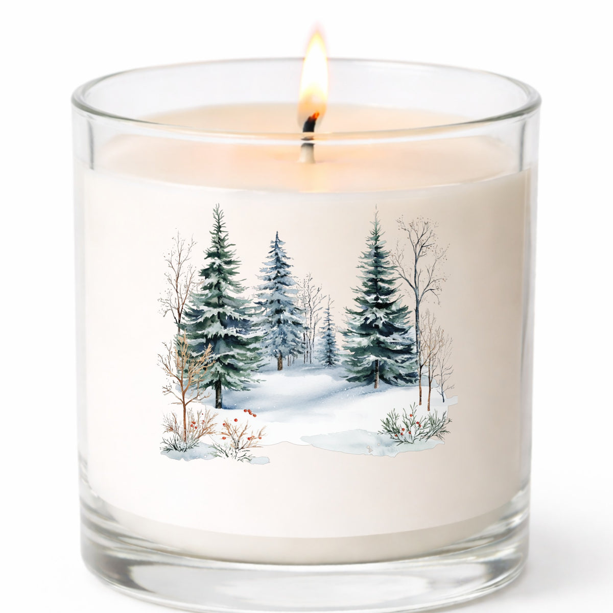Winter Evergreens With Red Berries UV DTF sticker applied to a candle jar