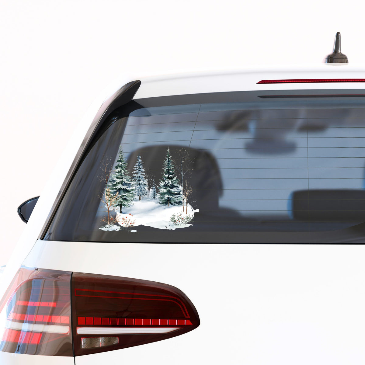 Winter Evergreens With Red Berries UV DTF sticker applied to a car window