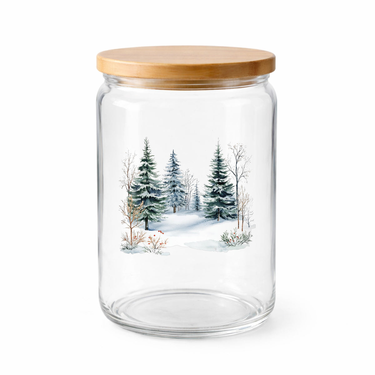 Winter Evergreens With Red Berries UV DTF sticker applied to a clear glass jar with lid