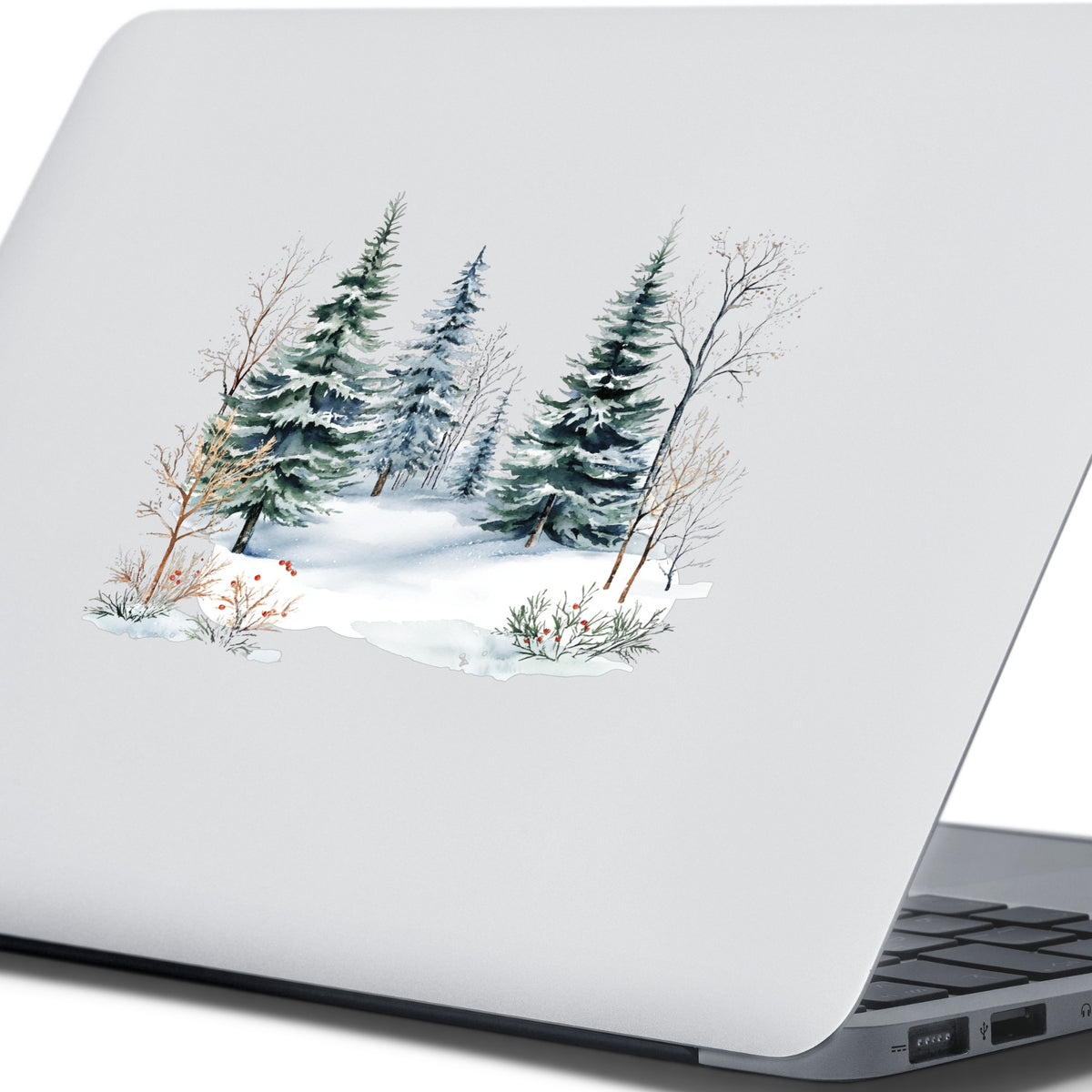 Winter Evergreens With Red Berries UV DTF sticker applied to a laptop