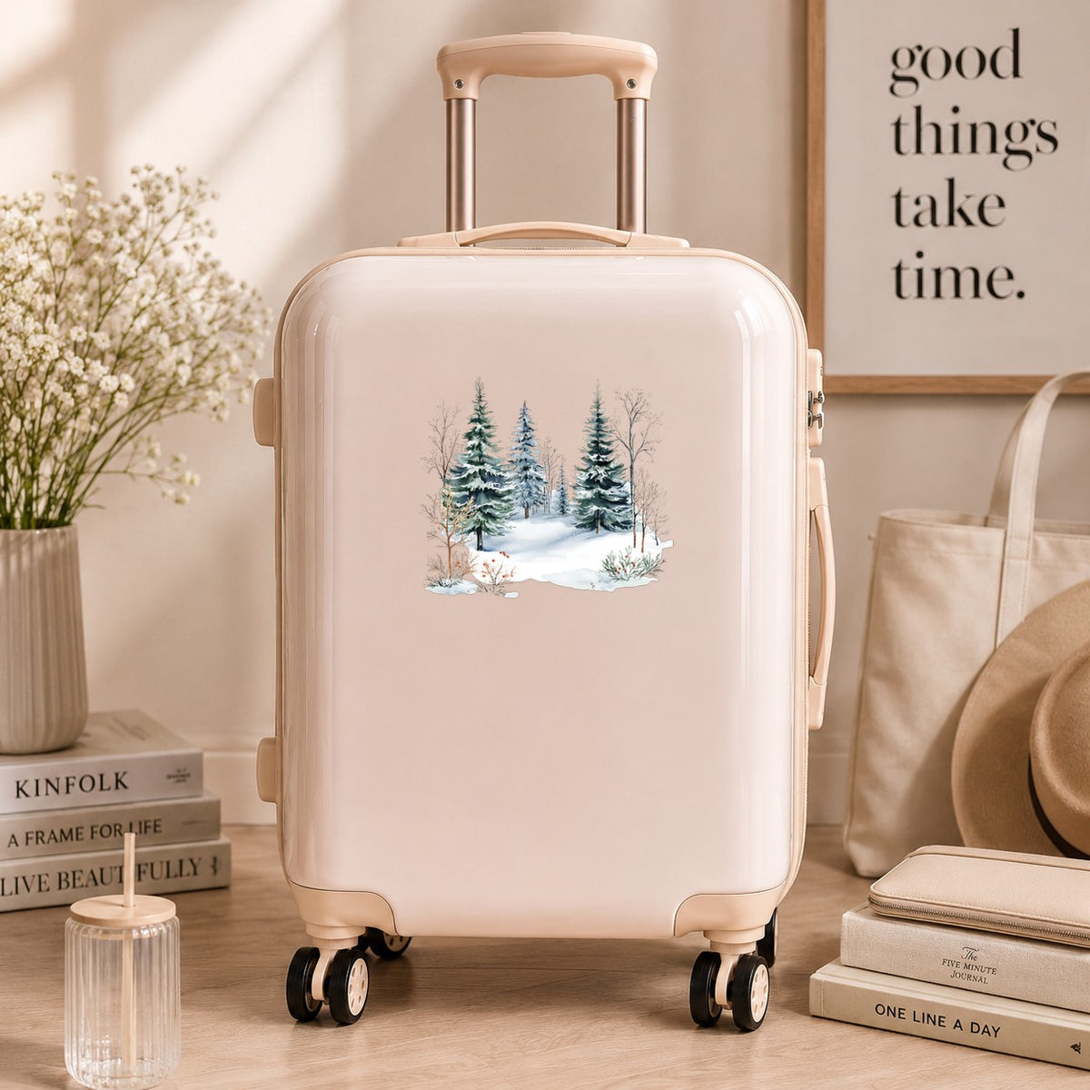Winter Evergreens With Red Berries UV DTF sticker applied to a neutral suitcase