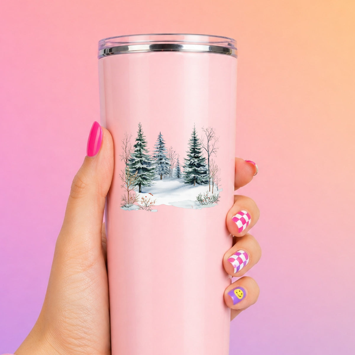 Winter Evergreens With Red Berries UV DTF sticker applied to a pink tumbler