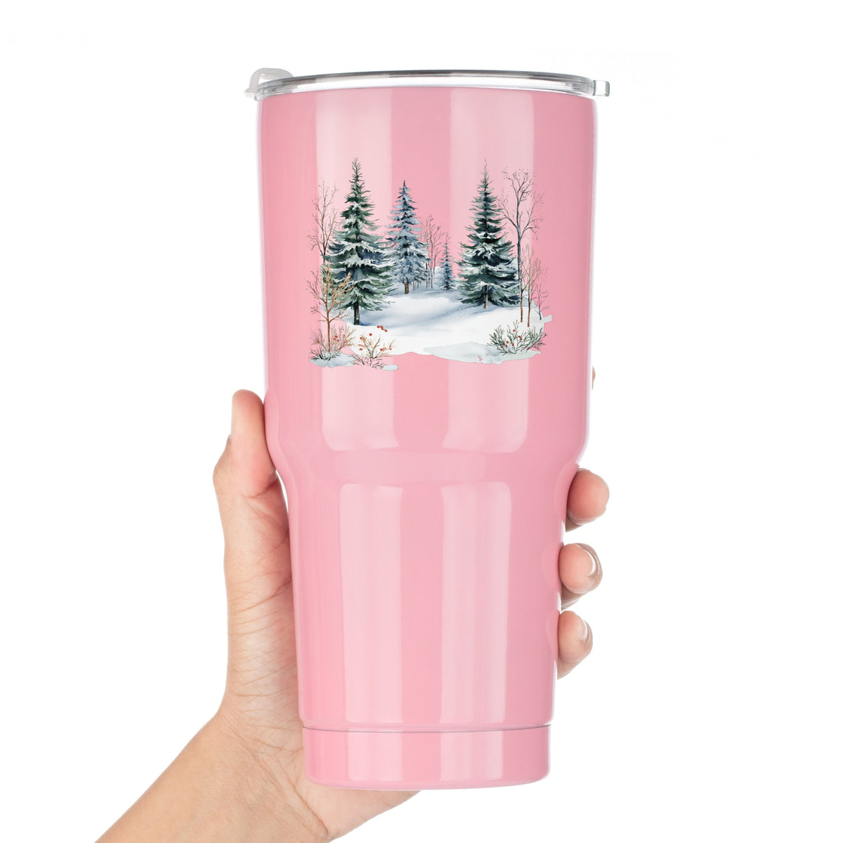 Winter Evergreens With Red Berries UV DTF sticker applied to a pink tumbler