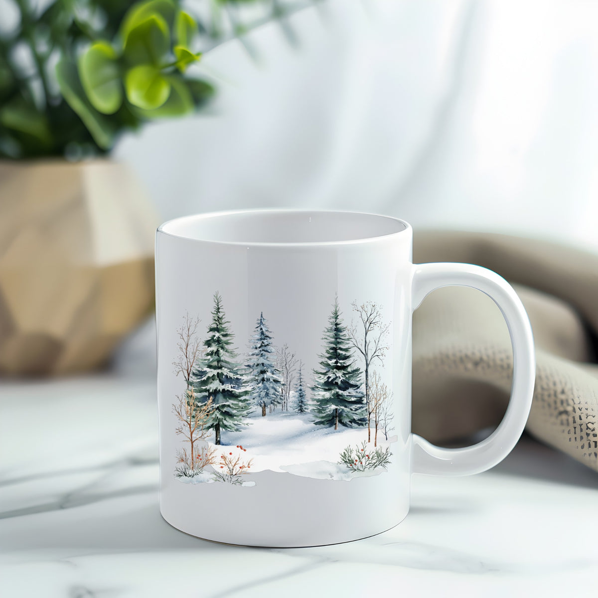 Winter Evergreens With Red Berries UV DTF sticker applied to a white coffee mug