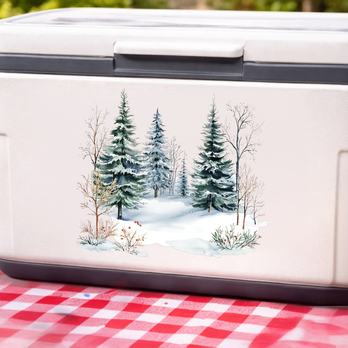 Winter Evergreens With Red Berries UV DTF sticker applied to a white cooler