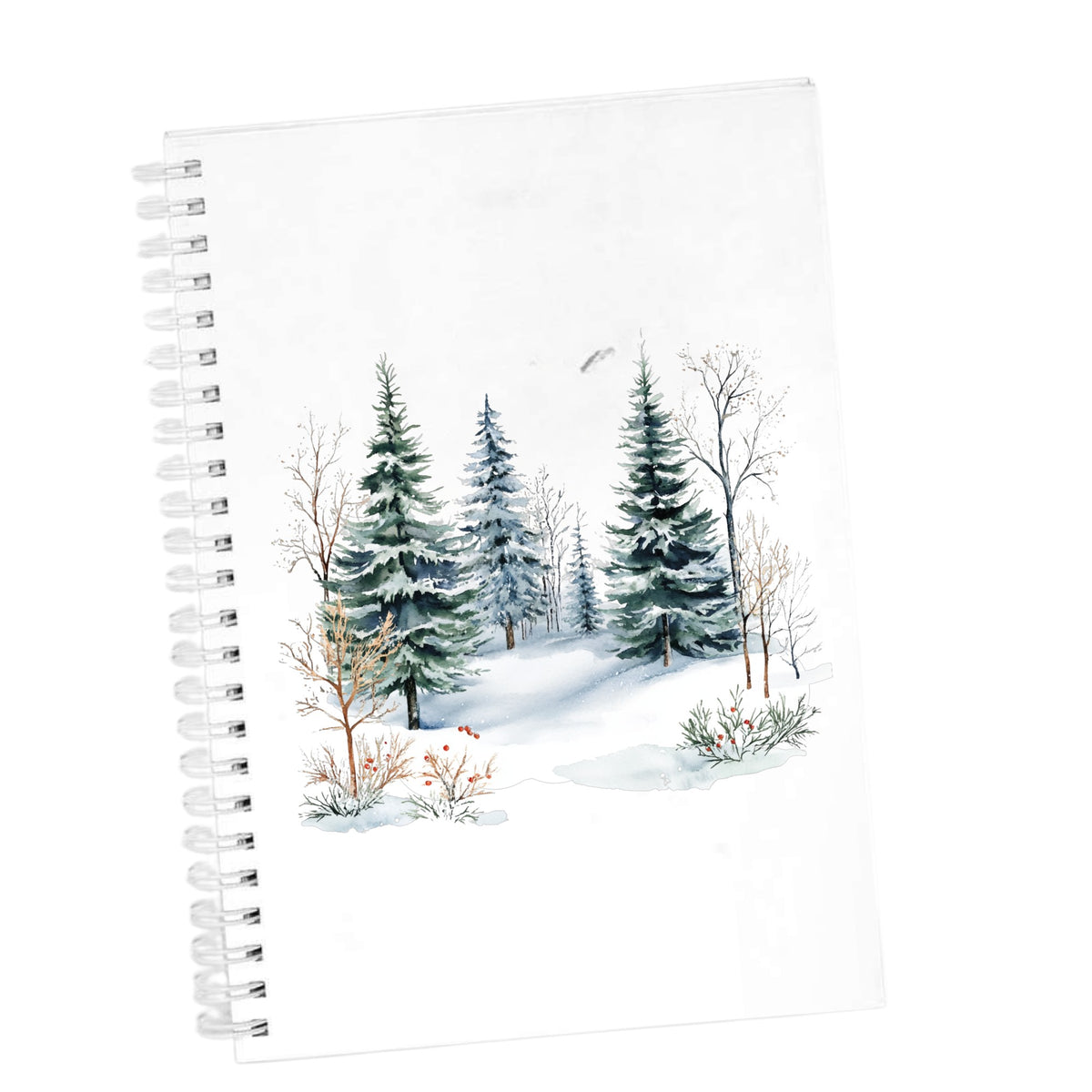 Winter Evergreens With Red Berries UV DTF sticker applied to a white journal