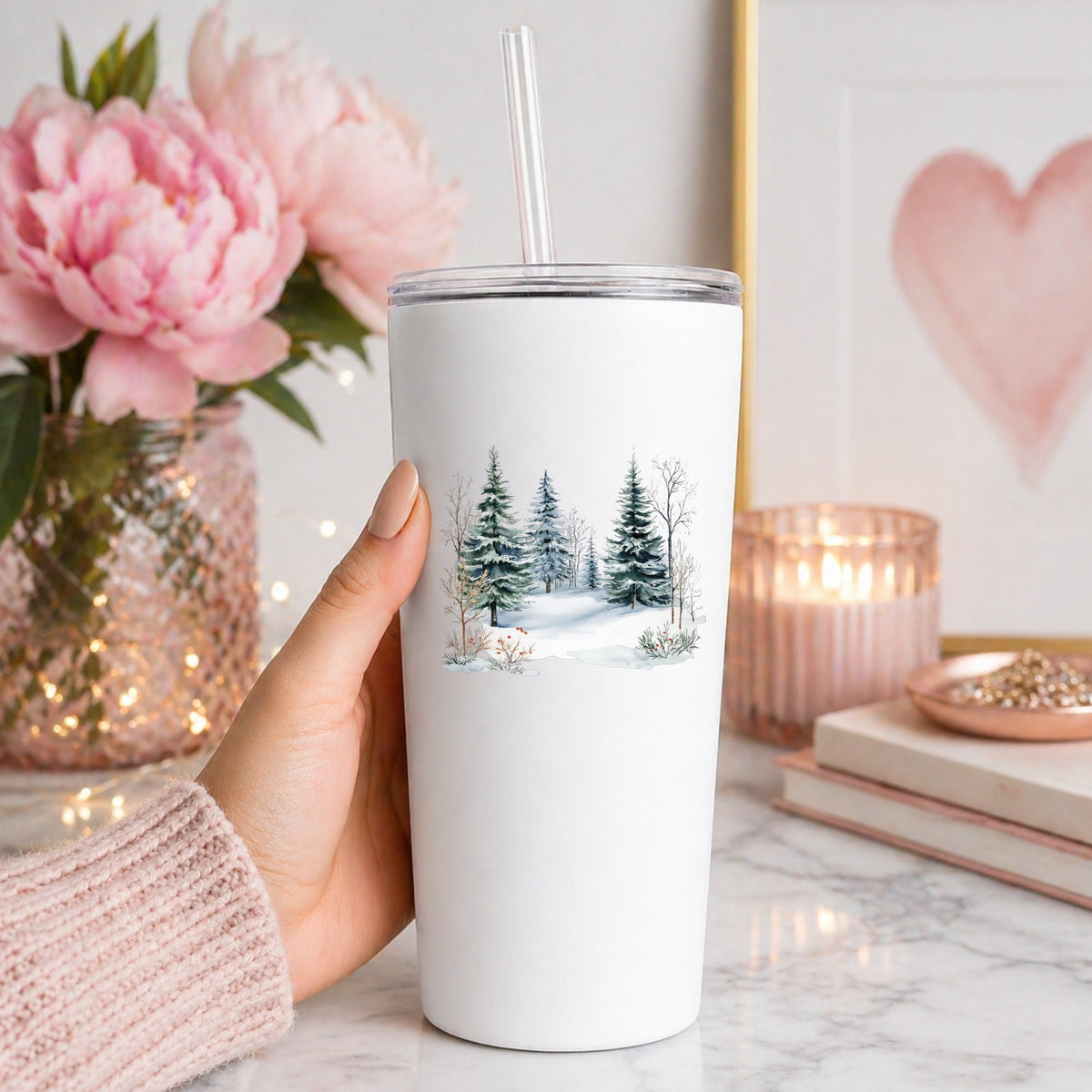 Winter Evergreens With Red Berries UV DTF sticker applied to a white tumbler
