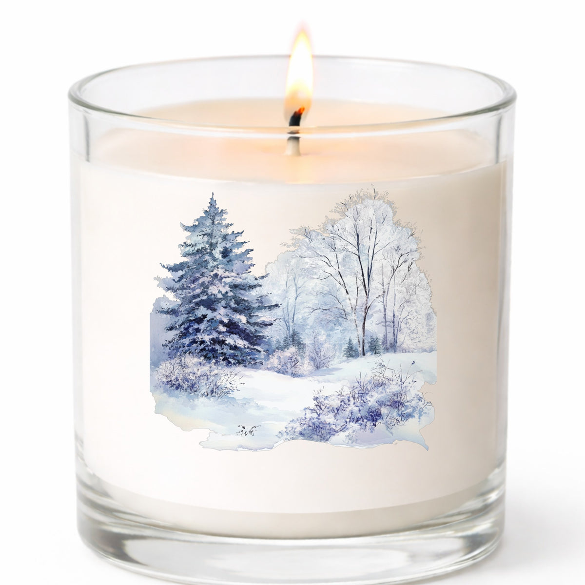 Purple Winter Forest UV DTF sticker applied to a candle jar