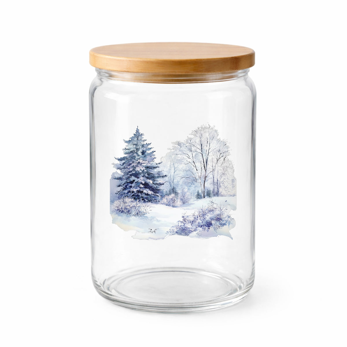 Purple Winter Forest UV DTF sticker applied to a clear glass jar with lid