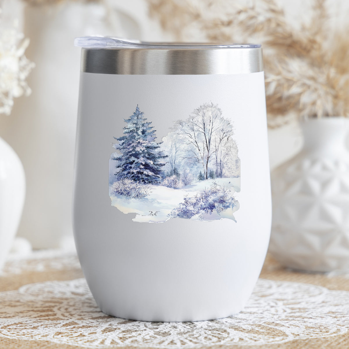 Purple Winter Forest UV DTF sticker applied to a stemless wine glass