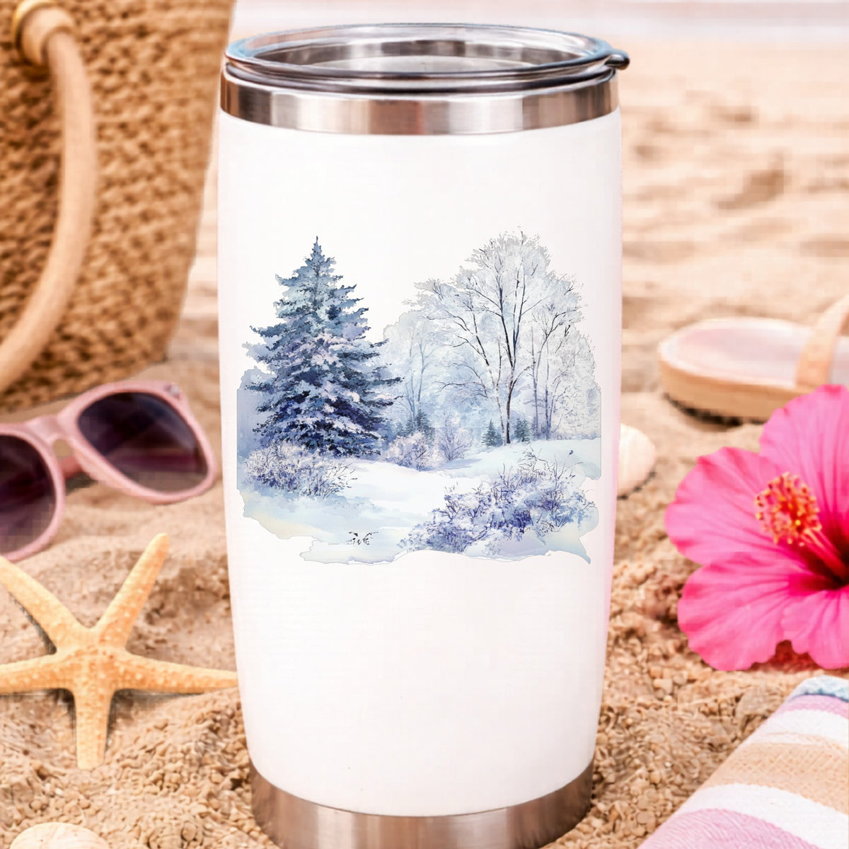 Purple Winter Forest UV DTF sticker applied to a water bottle at the beach