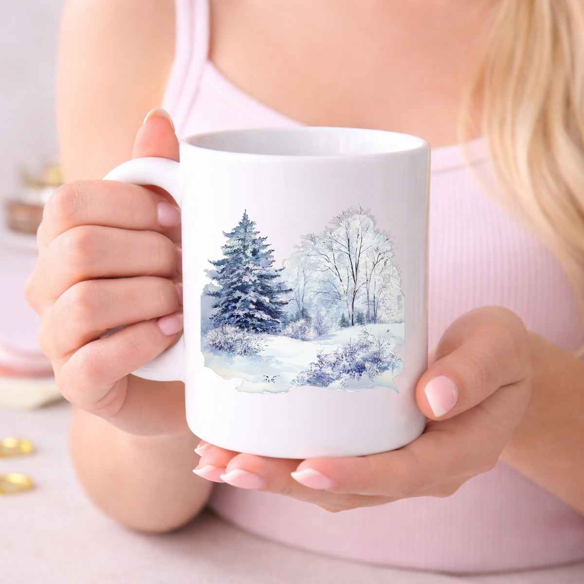 Purple Winter Forest UV DTF sticker displayed on a white coffee mug
