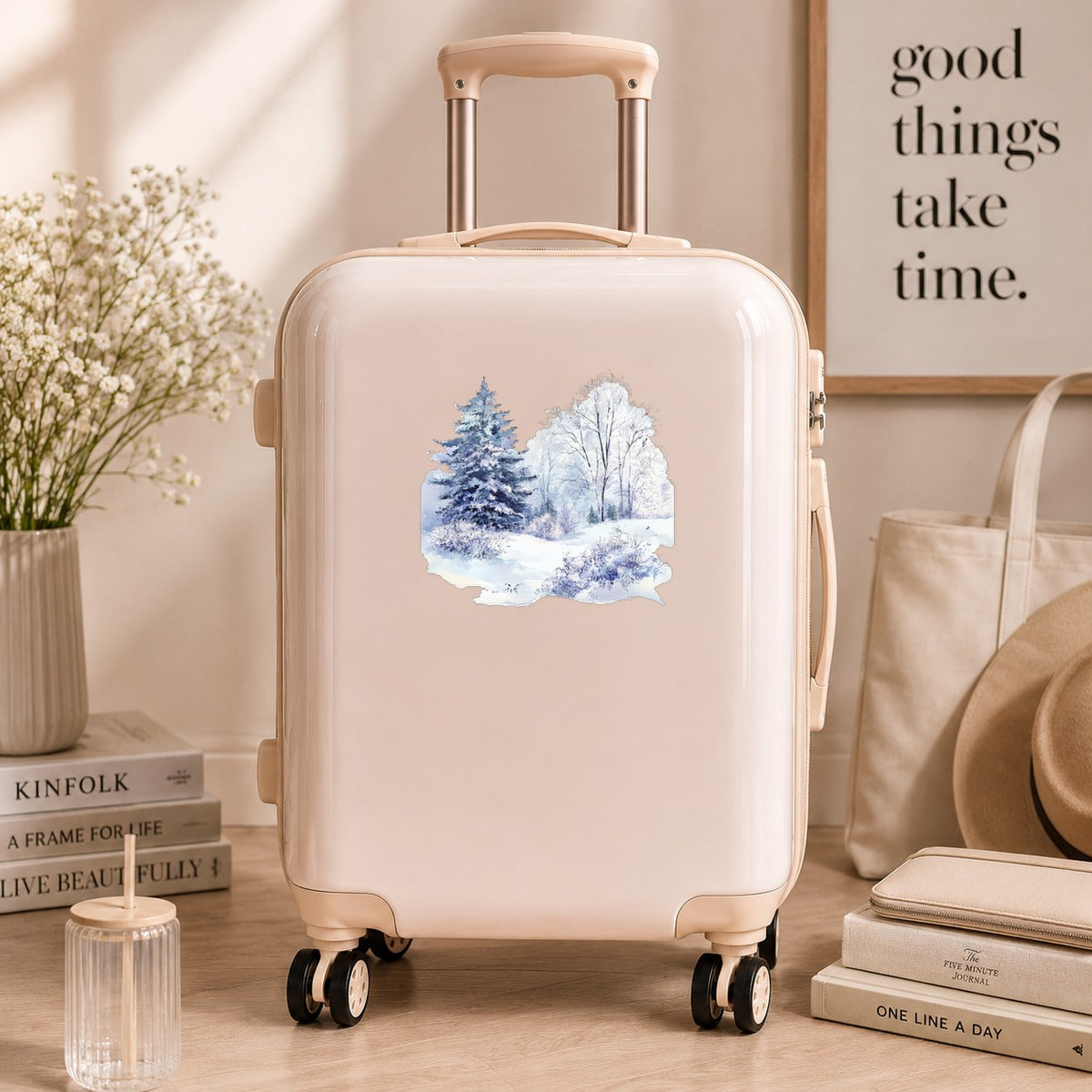 Purple Winter Forest UV DTF sticker applied to a neutral suitcase