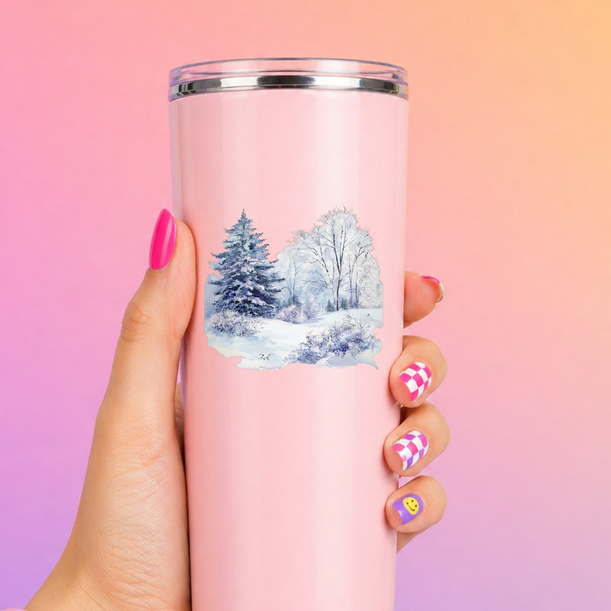 Purple Winter Forest UV DTF sticker applied to a pink tumbler