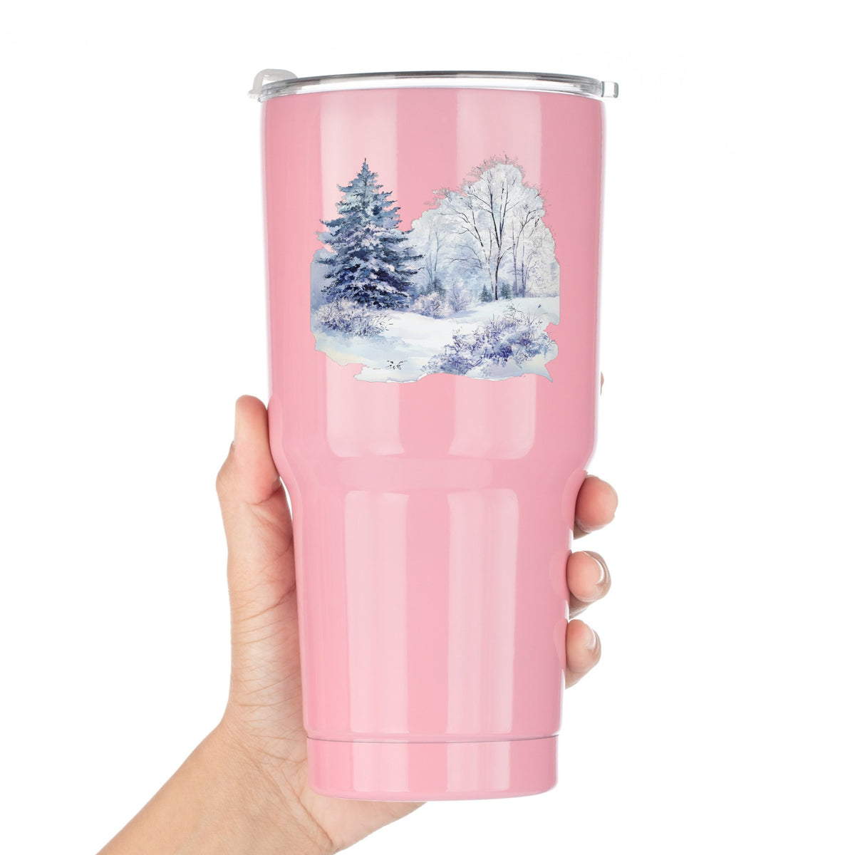 Purple Winter Forest UV DTF sticker applied to a pink tumbler
