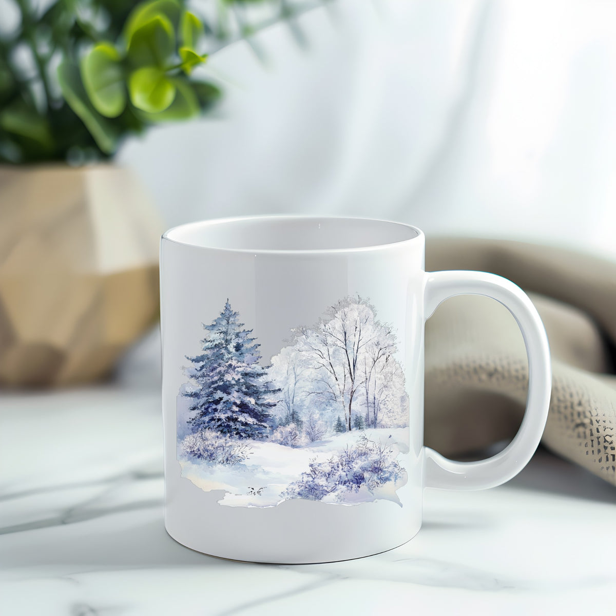 Purple Winter Forest UV DTF sticker applied to a white coffee mug