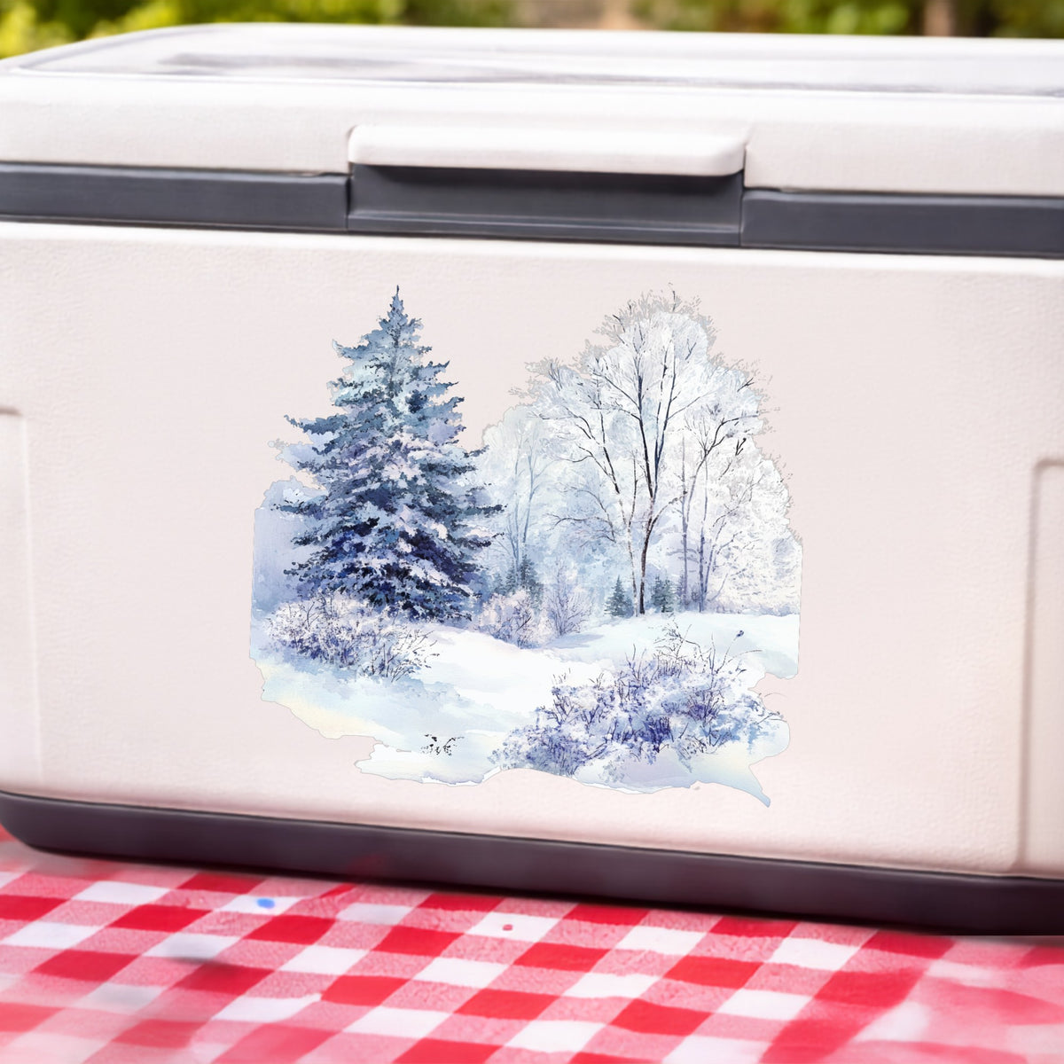 Purple Winter Forest UV DTF sticker applied to a white cooler