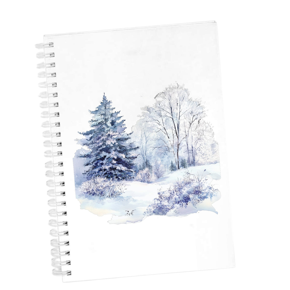 Purple Winter Forest UV DTF sticker applied to a white journal