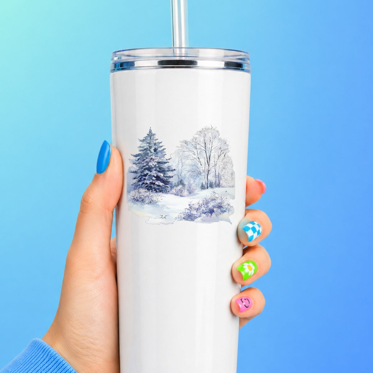 Purple Winter Forest UV DTF sticker applied to a white tumbler