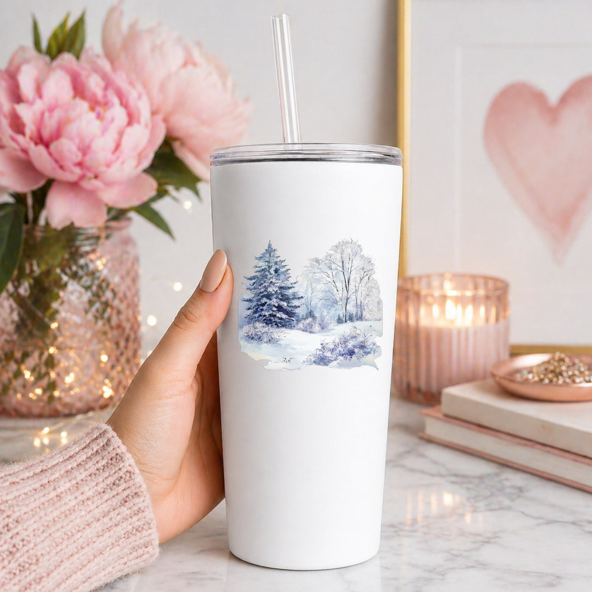 Purple Winter Forest UV DTF sticker applied to a white tumbler