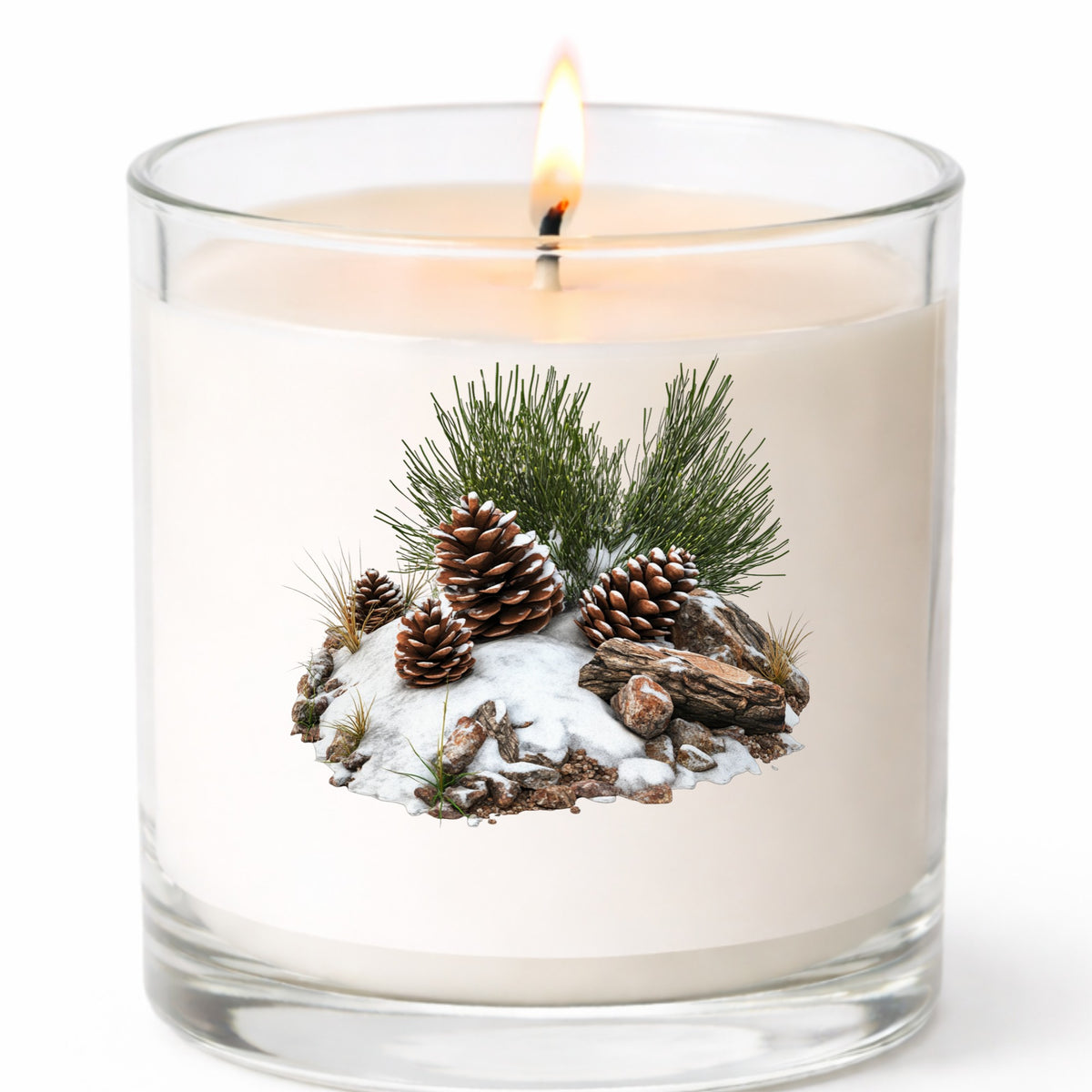 Pine Cones In Snow UV DTF sticker applied to a candle jar