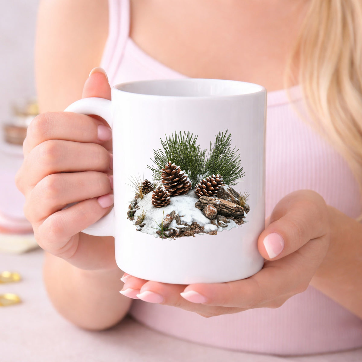 Pine Cones In Snow UV DTF sticker displayed on a white coffee mug