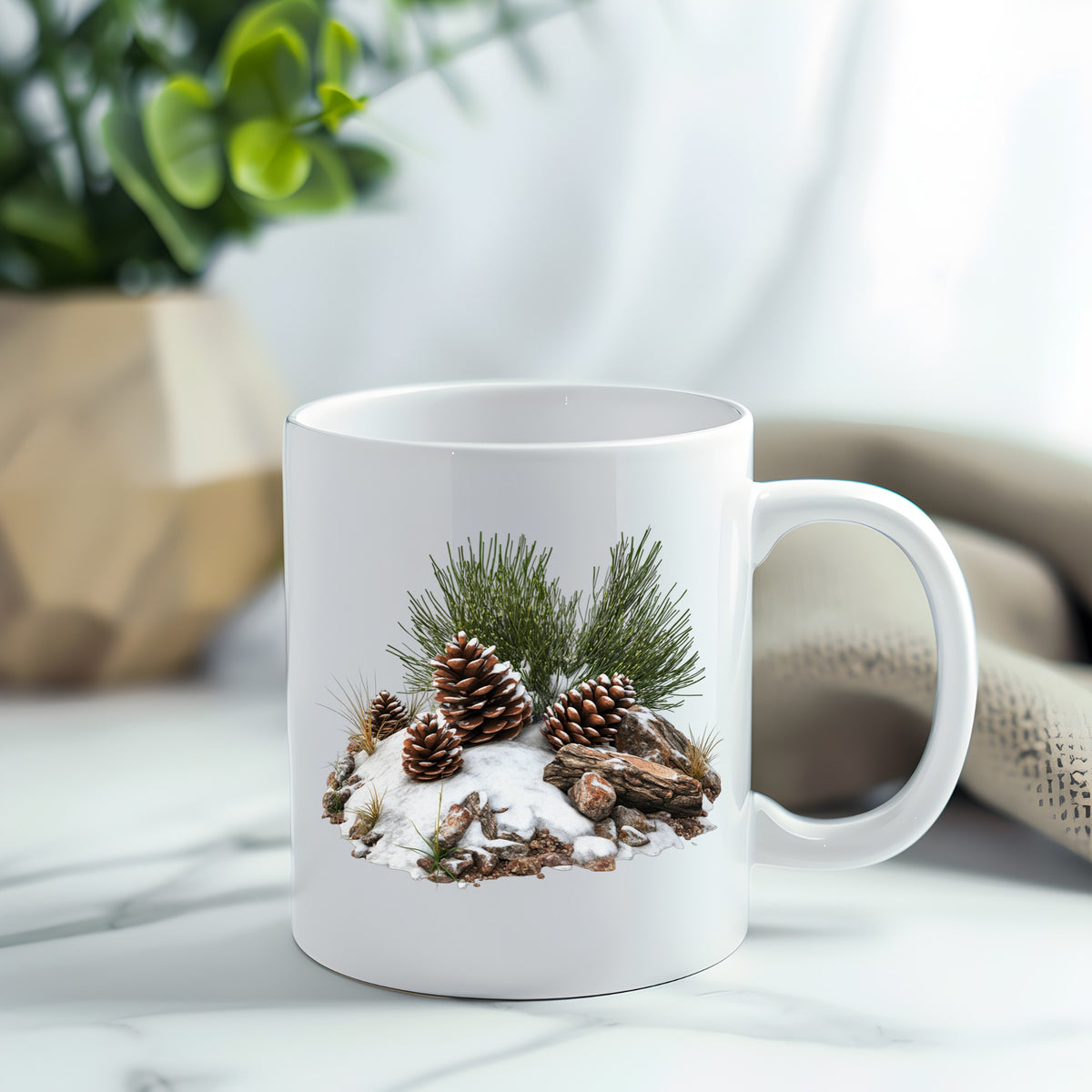Pine Cones In Snow UV DTF sticker applied to a white coffee mug