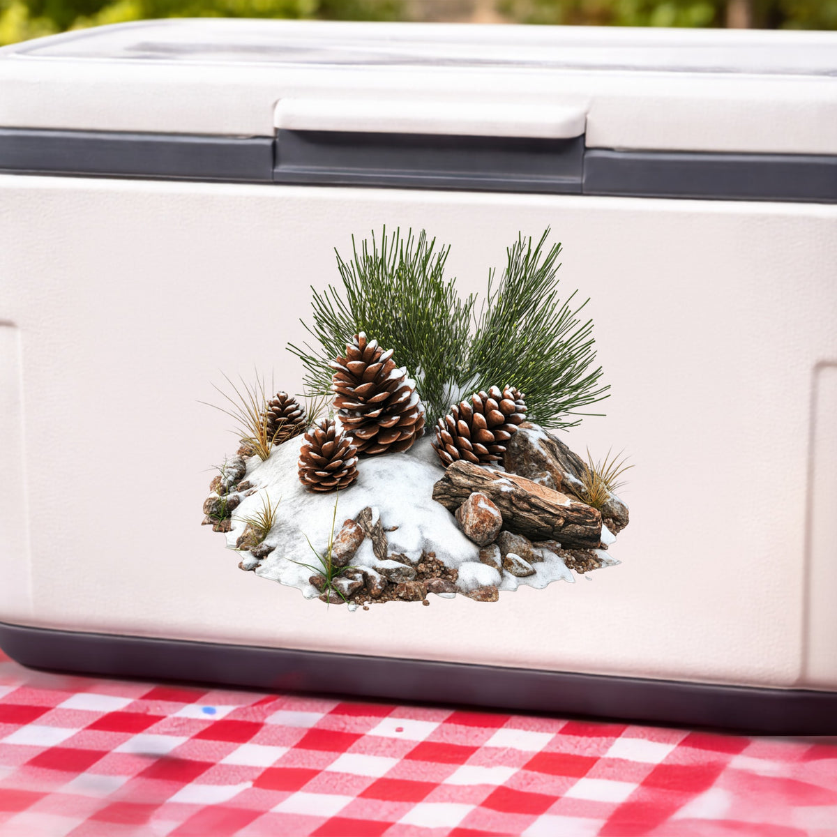 Pine Cones In Snow UV DTF sticker applied to a white cooler