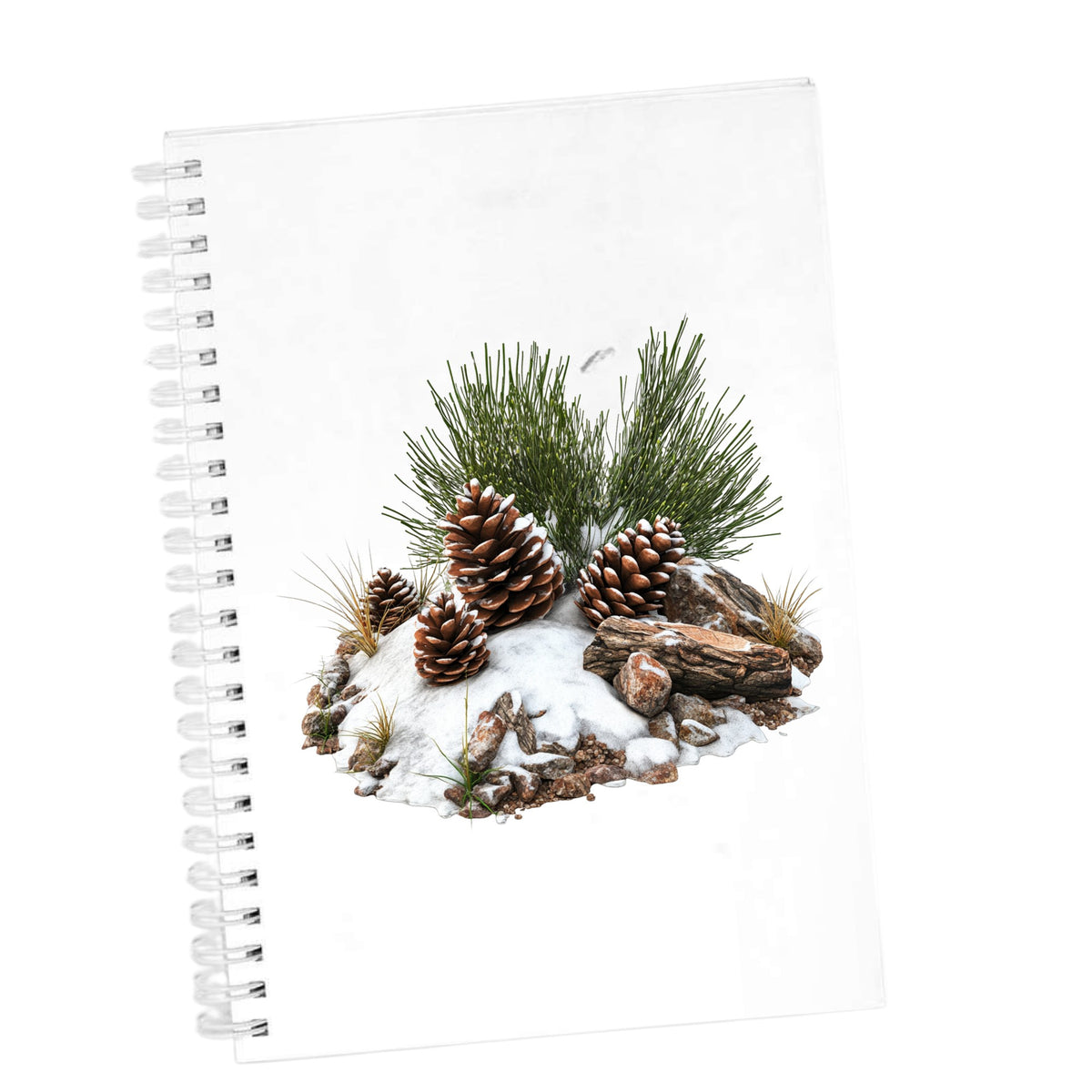 Pine Cones In Snow UV DTF sticker applied to a white journal